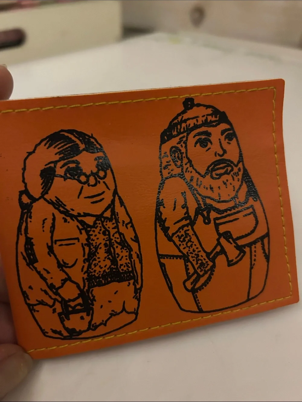 Orange Leather Card Holder with Illustrated Dwarves
